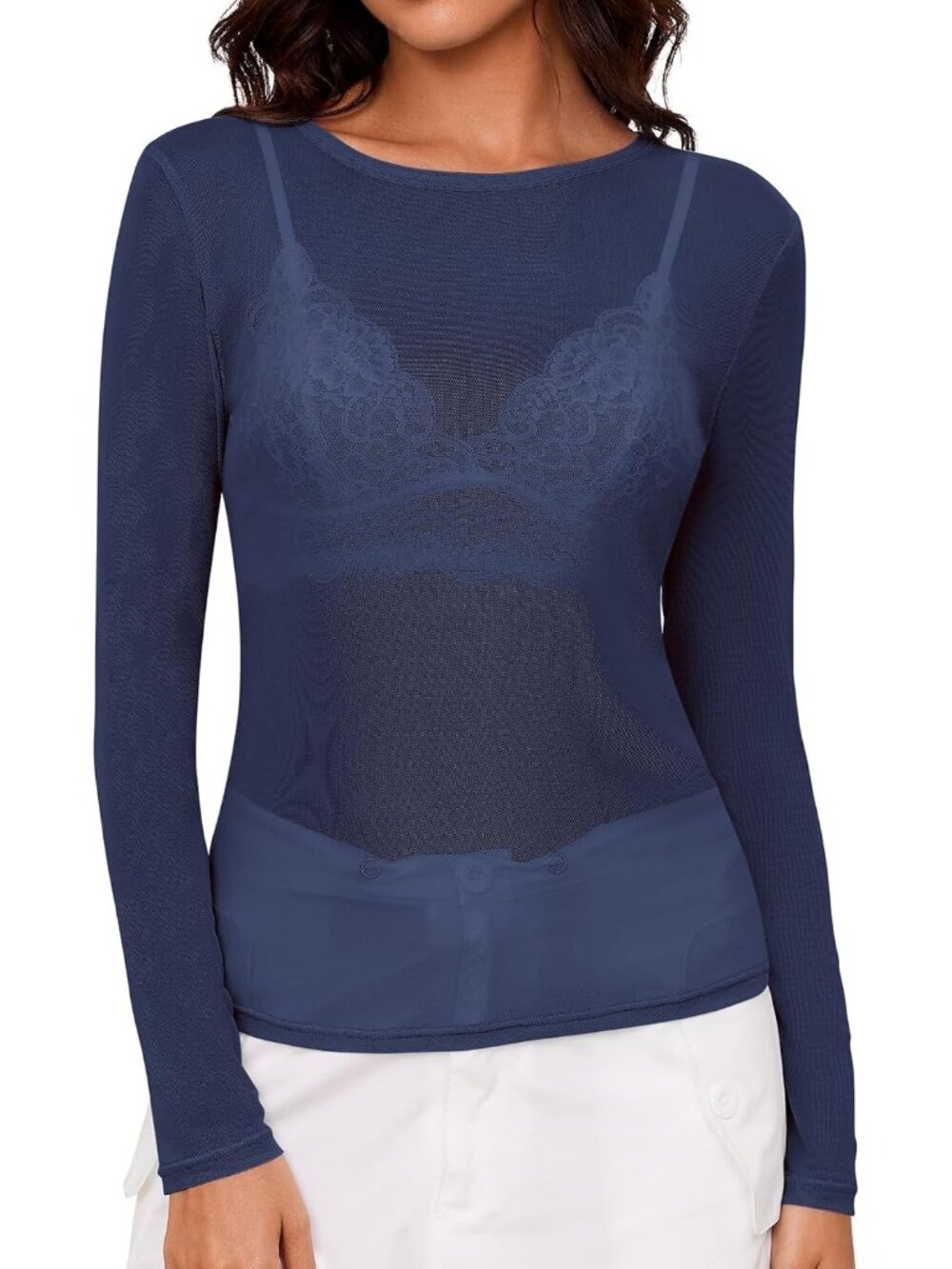 〽️Women's Navy Blue Mesh Long Sleeve Crew Tank Top Neck Tee Shirts Party Blouse